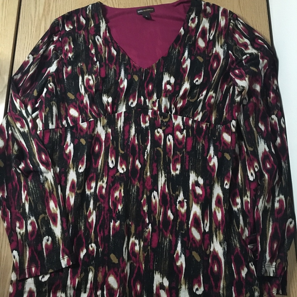 Womens Dana Buchman Burgundy Black Animal Print Long Sleeve Blouse Size XL
